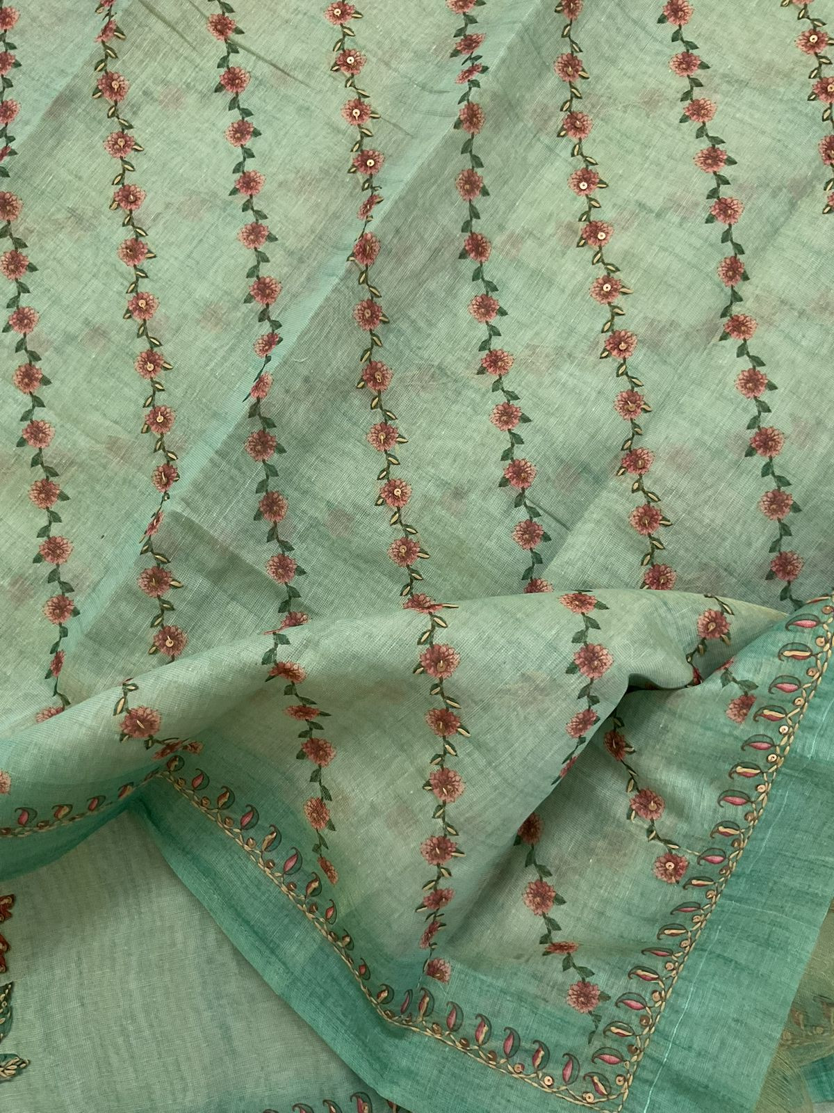 Soft Tissue Slub Cotton Printed Embroidered Suit - Green