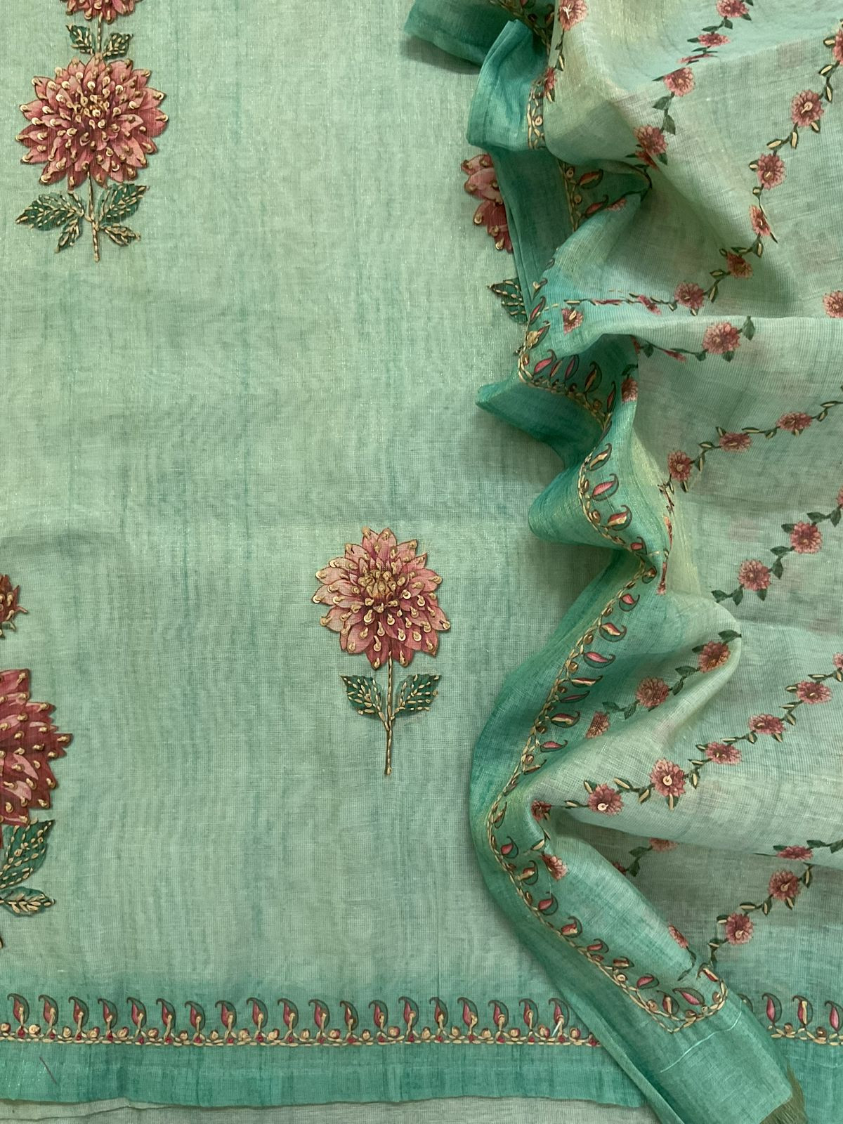 Soft Tissue Slub Cotton Printed Embroidered Suit - Green