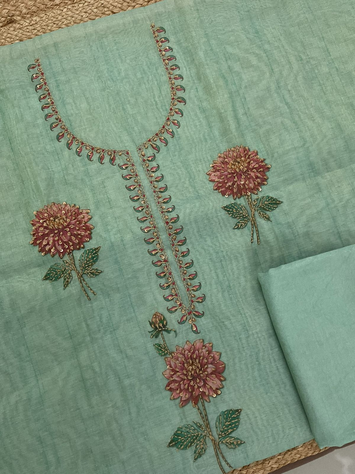 Soft Tissue Slub Cotton Printed Embroidered Suit - Green