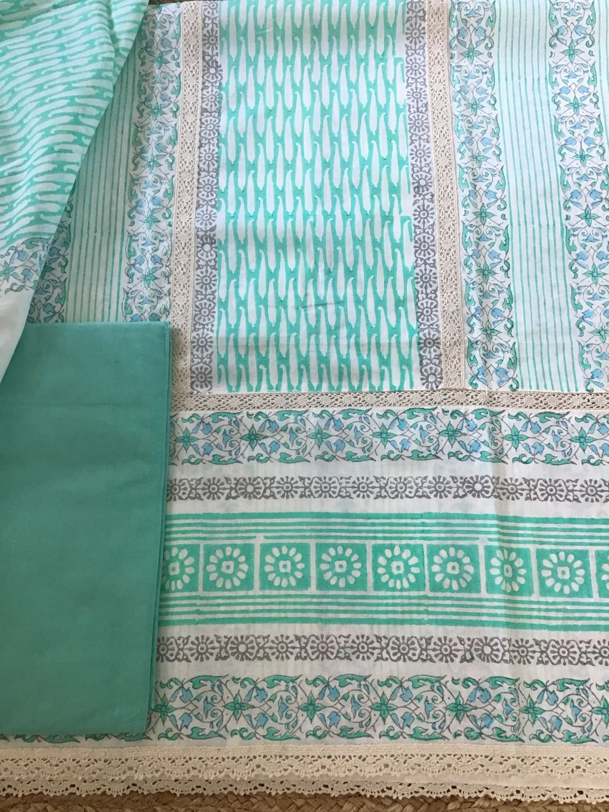 Pure Cotton Printed Embroidered Suit - Sea Green