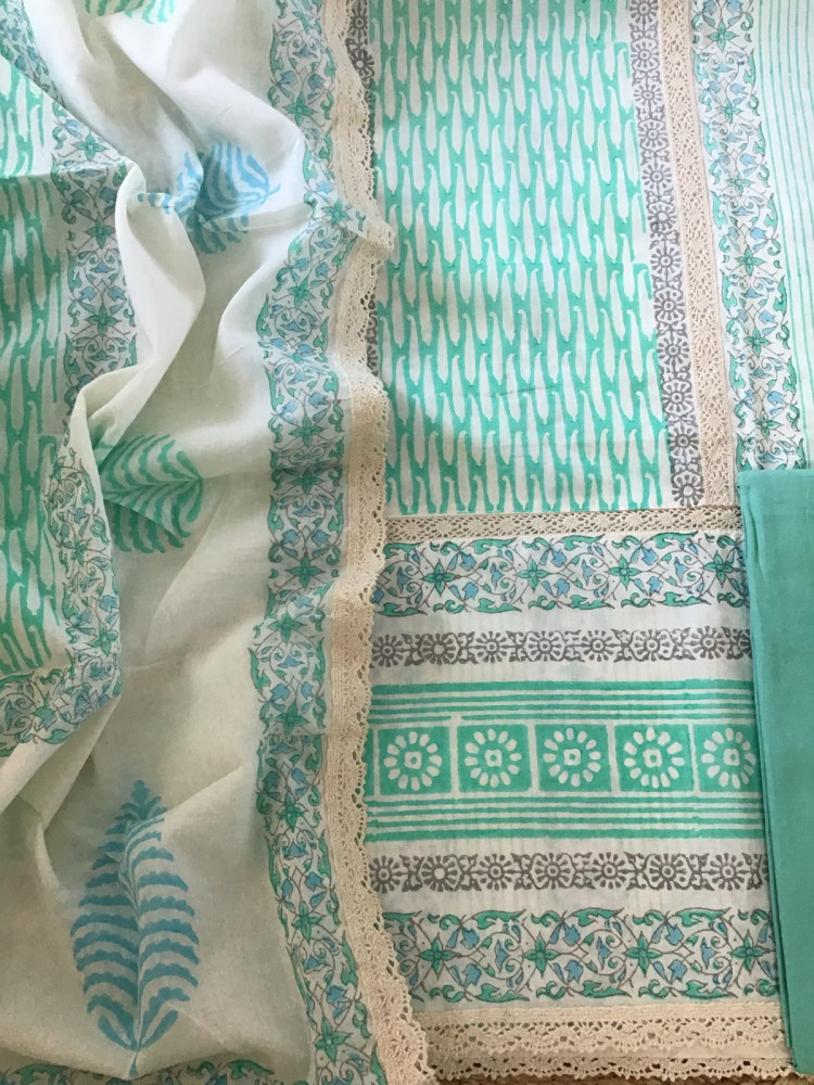 Image of Pure Cotton Printed Embroidered Suit - Sea Green