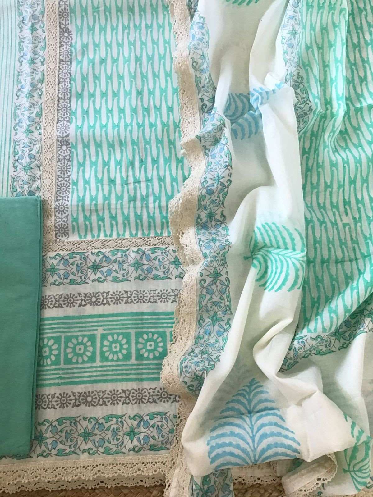 Pure Cotton Printed Embroidered Suit - Sea Green