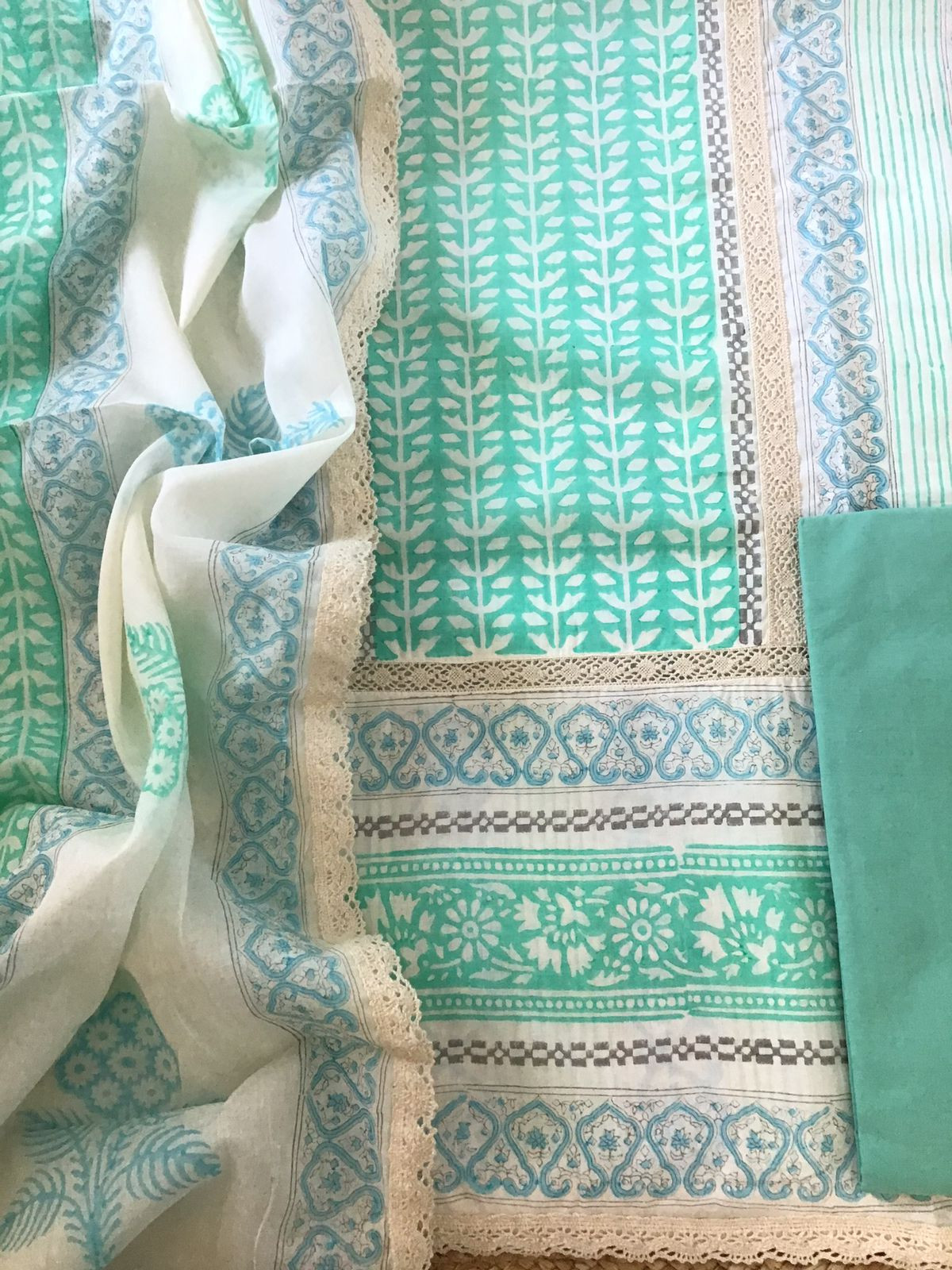 Pure Cotton Printed Embroidered Suit - Sea Green