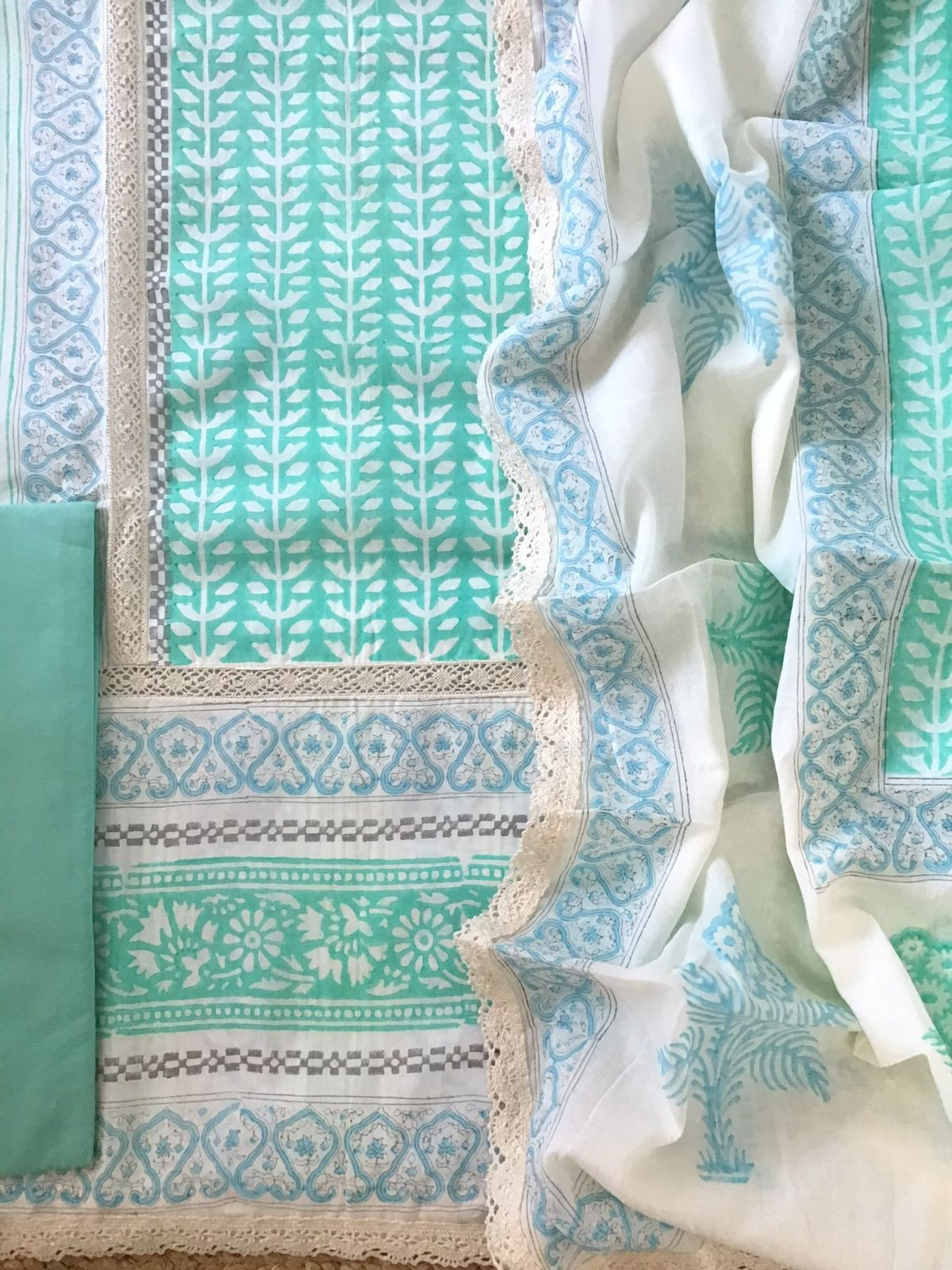 Pure Cotton Printed Embroidered Suit - Sea Green