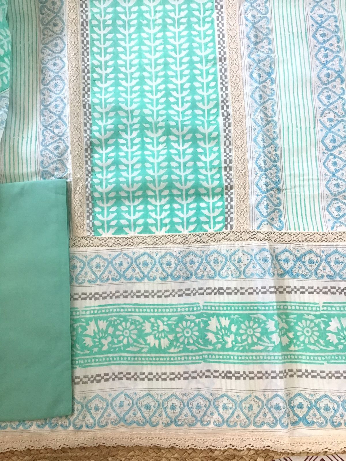 Pure Cotton Printed Embroidered Suit - Sea Green