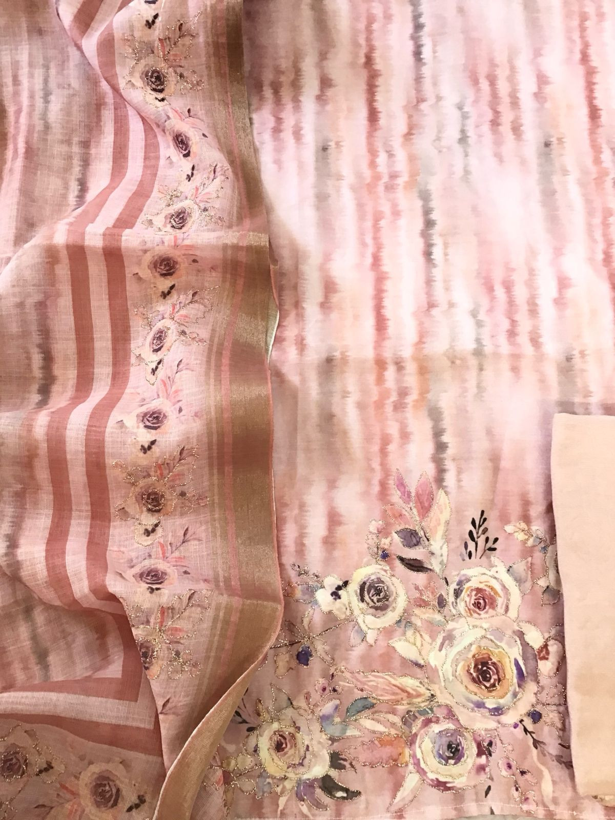 Soft Cotton Silk Printed Embroidered Suit - Peach