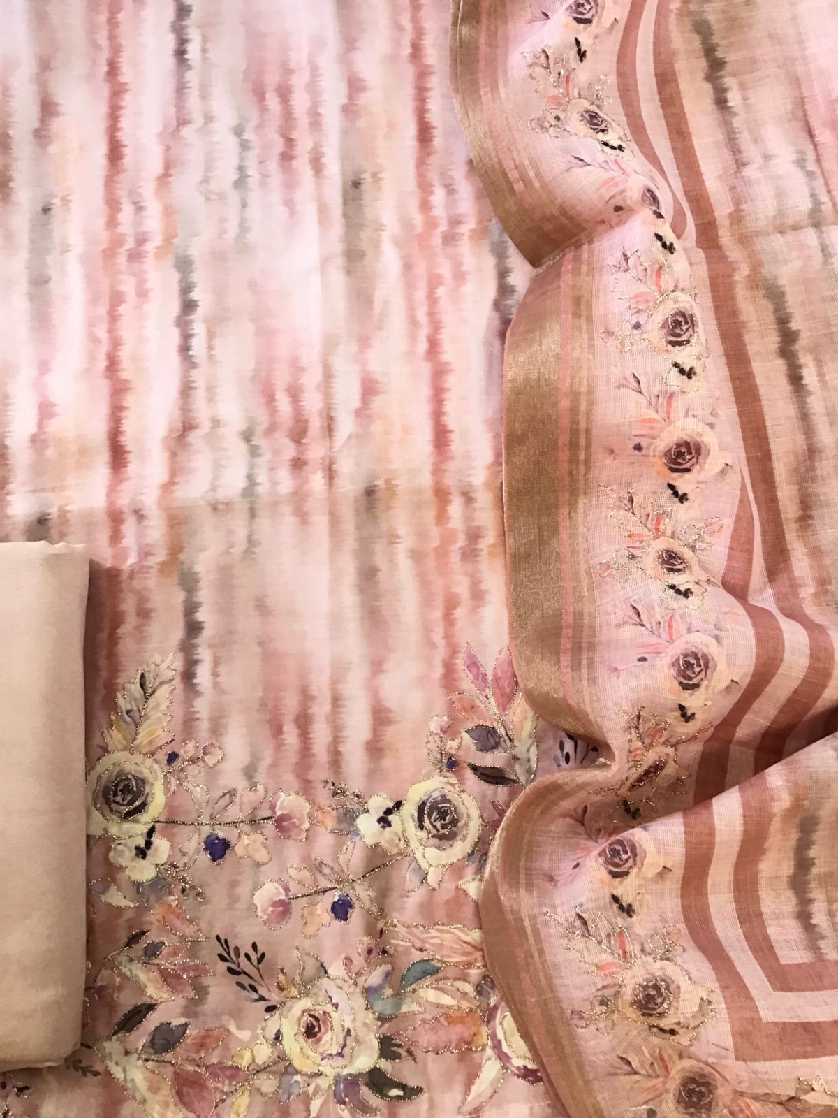 Soft Cotton Silk Printed Embroidered Suit - Peach