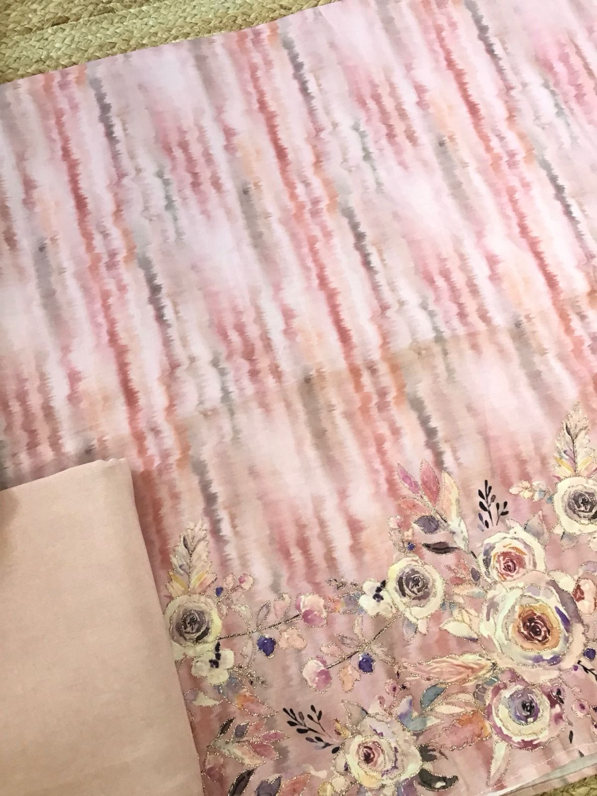 Soft Cotton Silk Printed Embroidered Suit - Peach