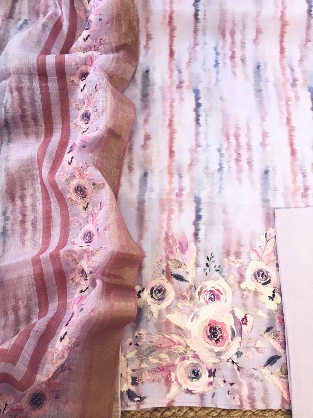 Soft Cotton Silk Printed Embroidered Suit - Lavender