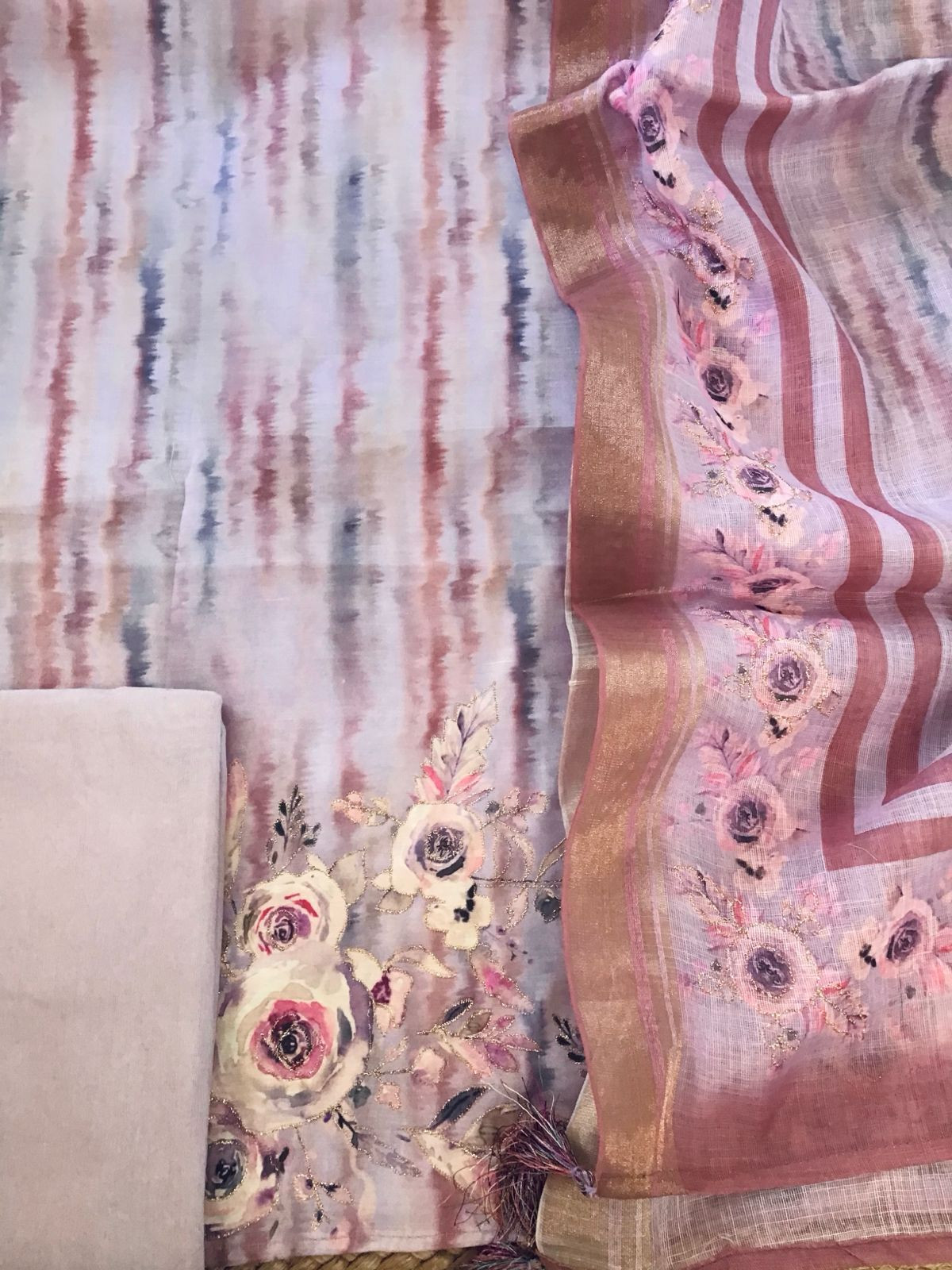 Soft Cotton Silk Printed Embroidered Suit - Lavender
