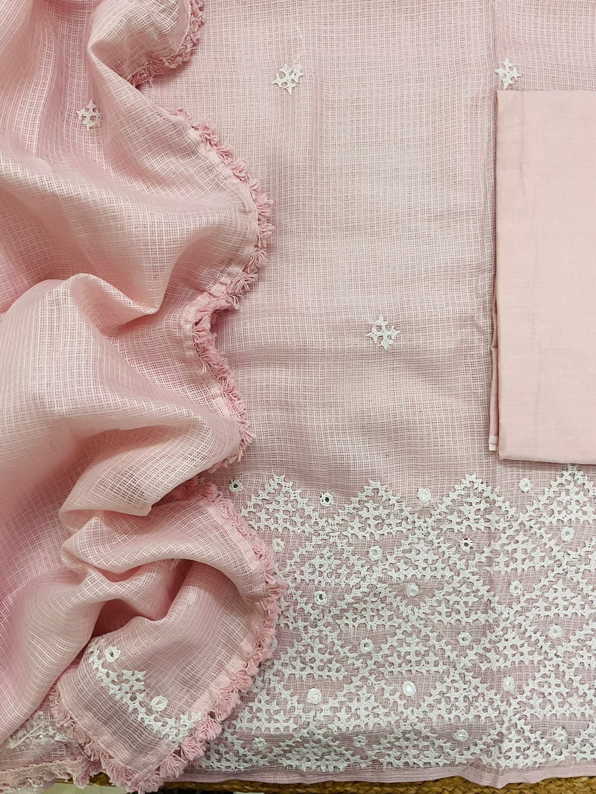 Soft Kota Silk Embroidered Suit - Pink