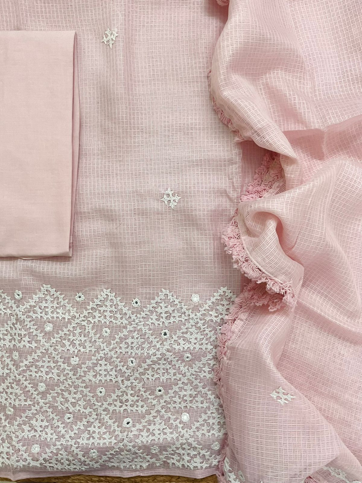 Soft Kota Silk Embroidered Suit - Pink