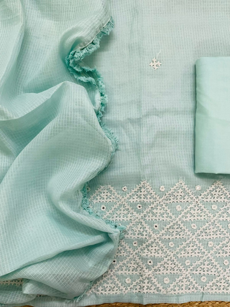 Image of Soft Kota Silk Embroidered Suit - Blue