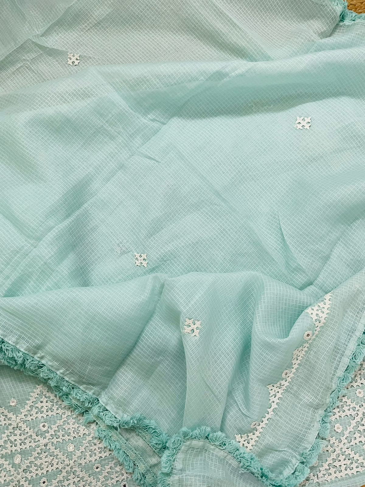 Soft Kota Silk Embroidered Suit - Blue