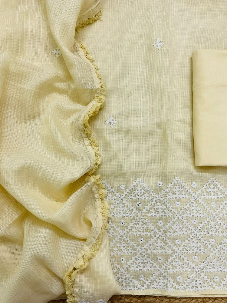 Image of Soft Kota Silk Embroidered Suit - Yellow