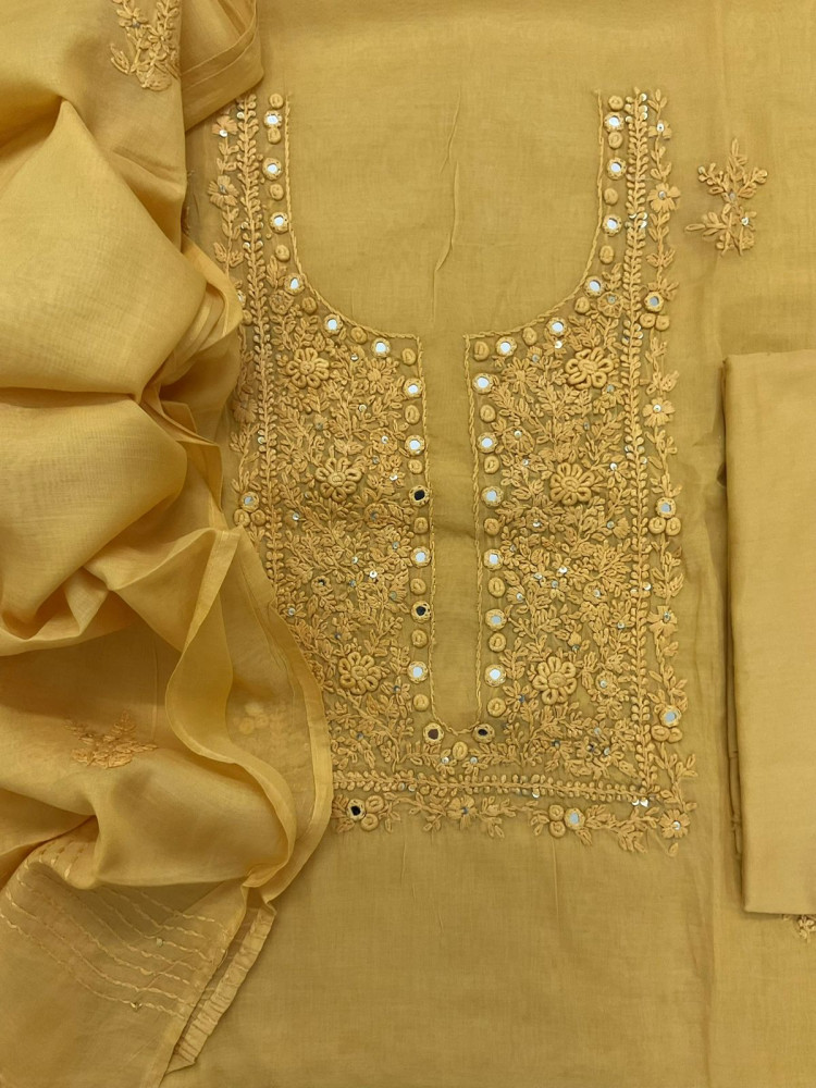 Image of Soft Chanderi Embroidered Suit - Yellow