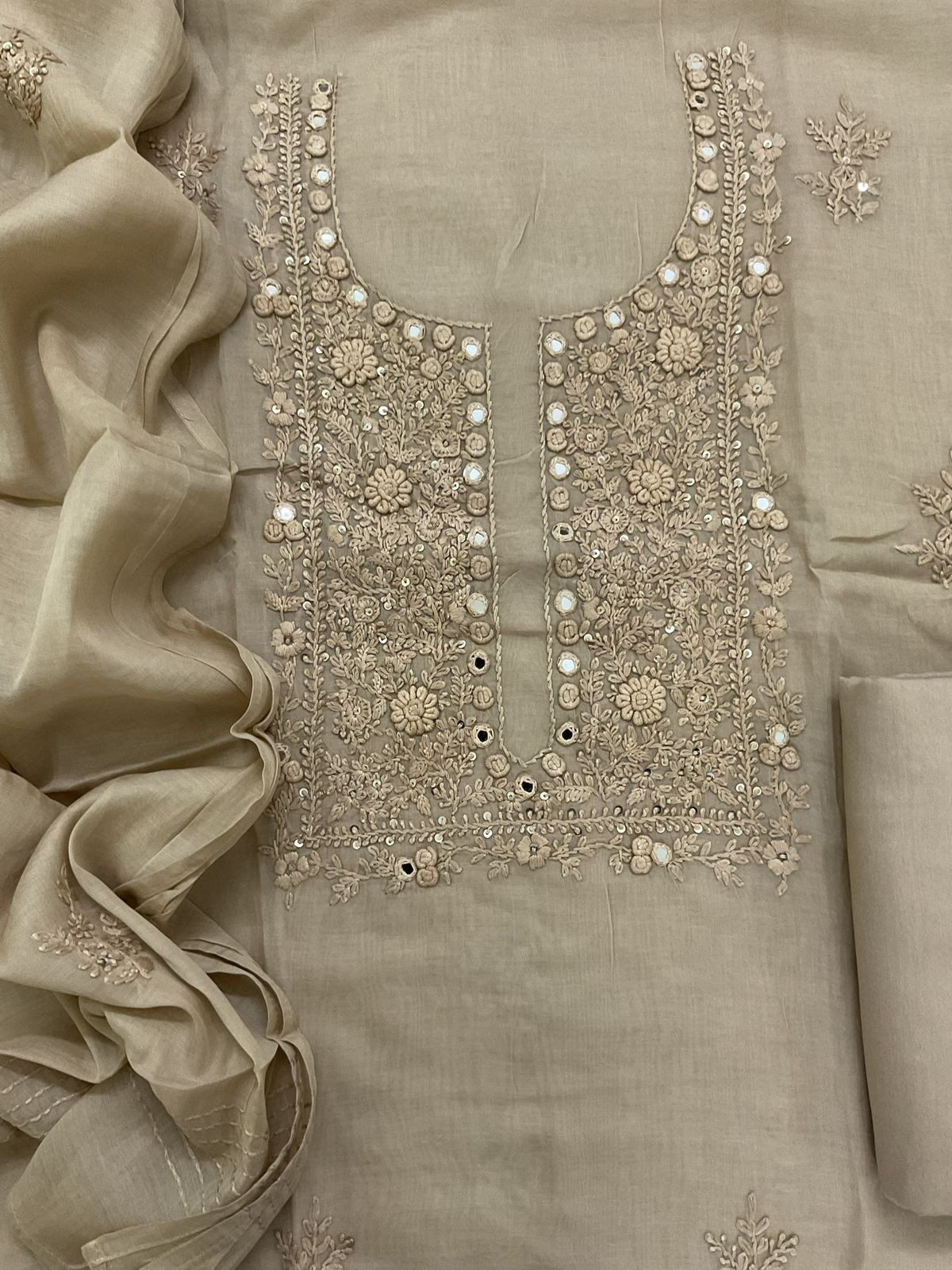 Soft Chanderi Embroidered Suit - Beige