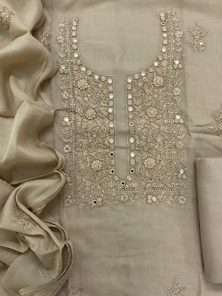 Image of Soft Chanderi Embroidered Suit - Beige