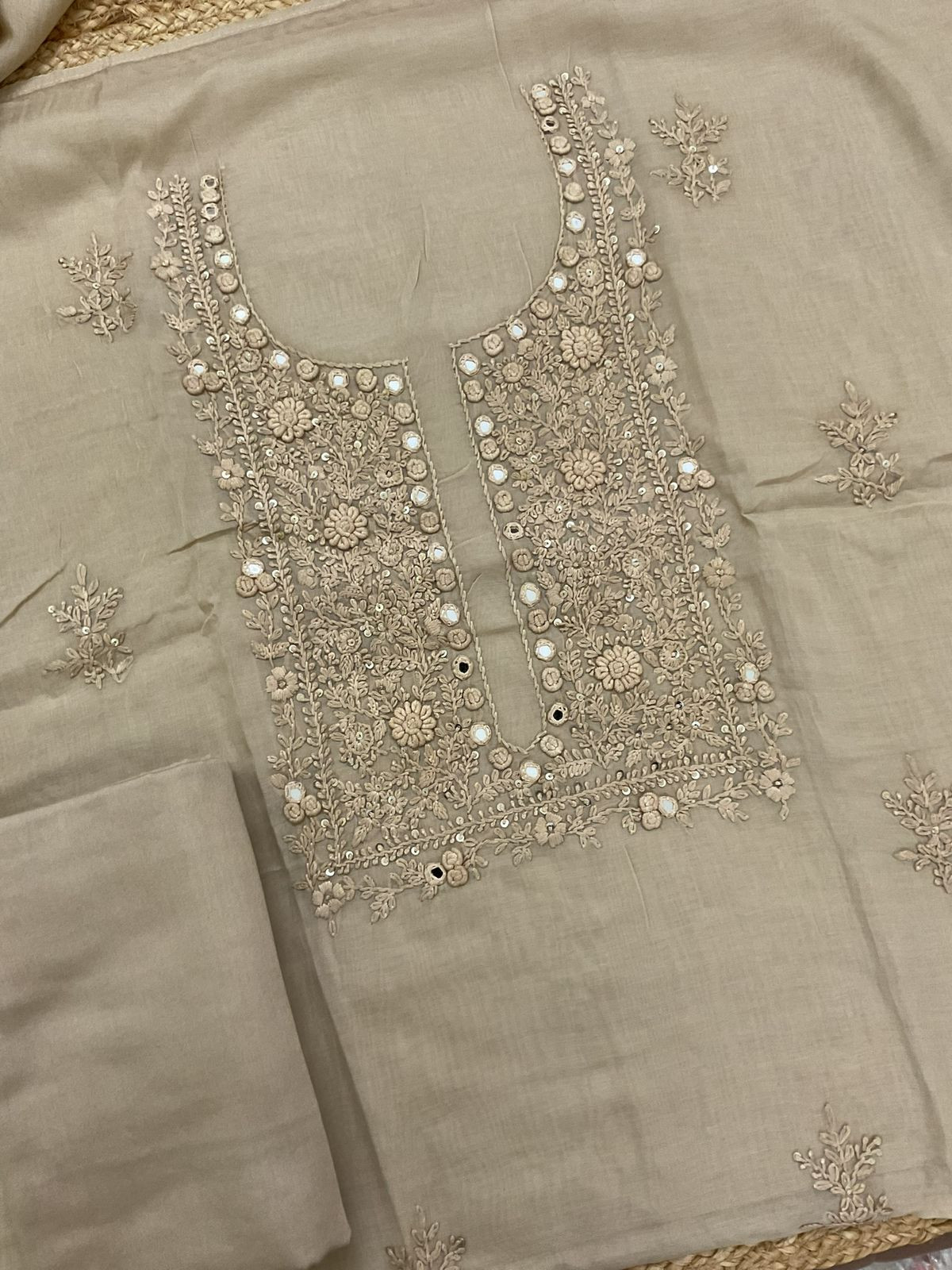 Soft Chanderi Embroidered Suit - Beige