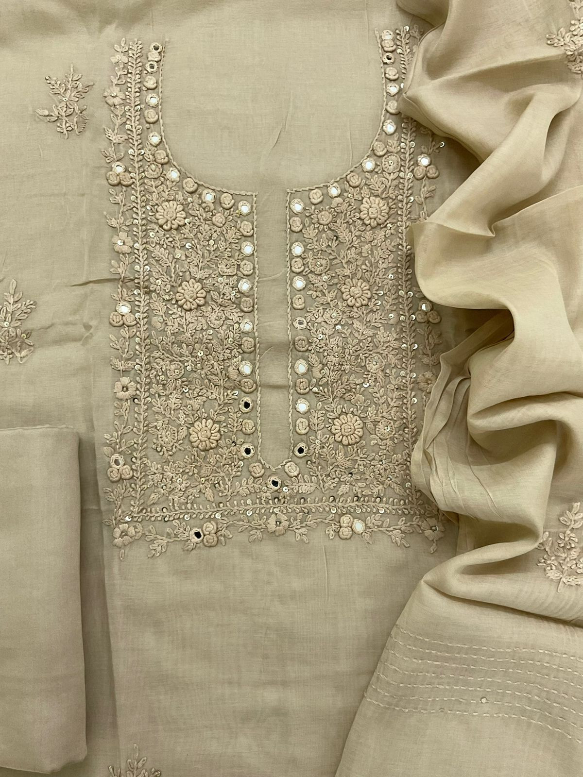 Soft Chanderi Embroidered Suit - Beige