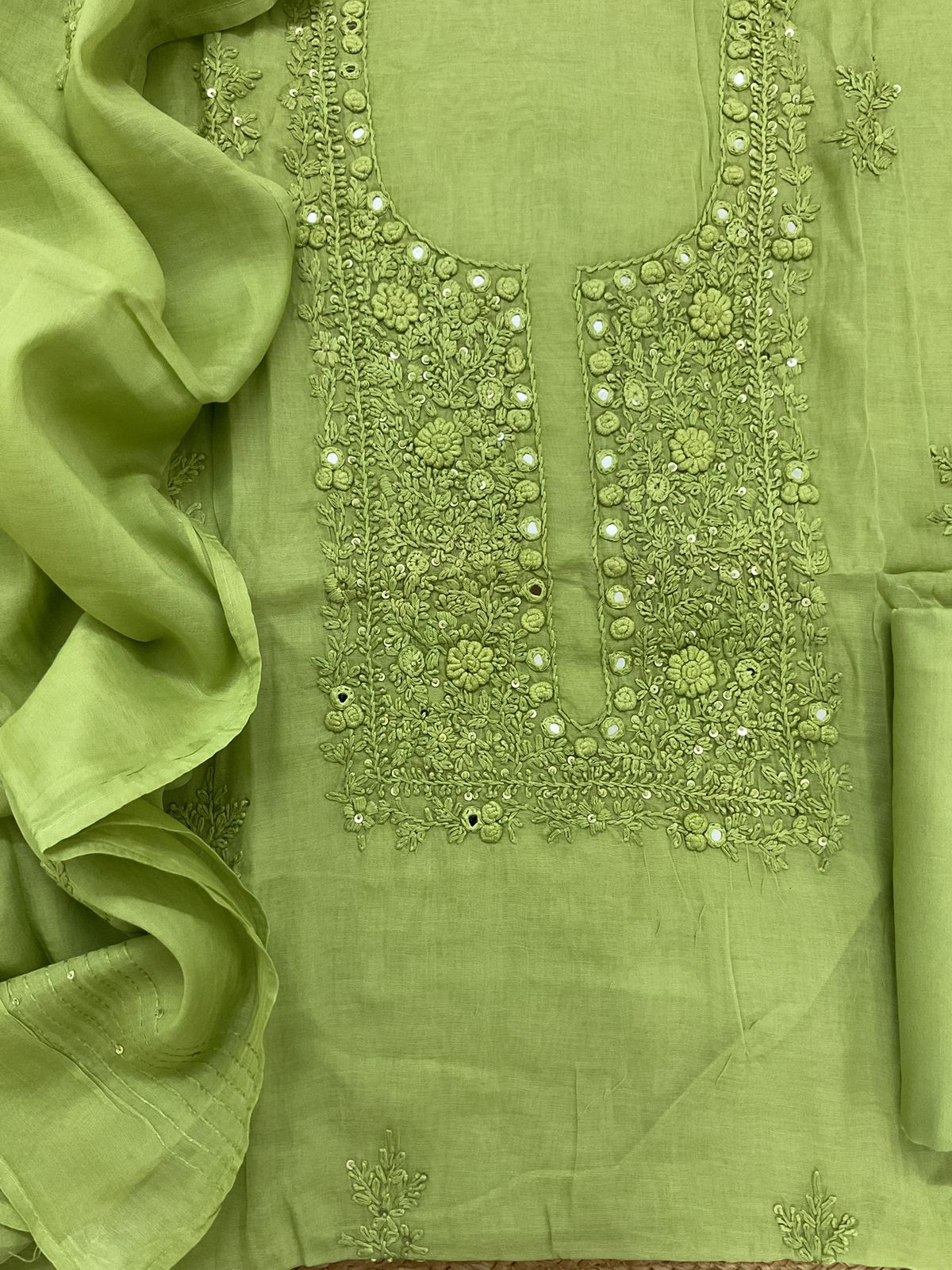 Soft Chanderi Embroidered Suit - Green