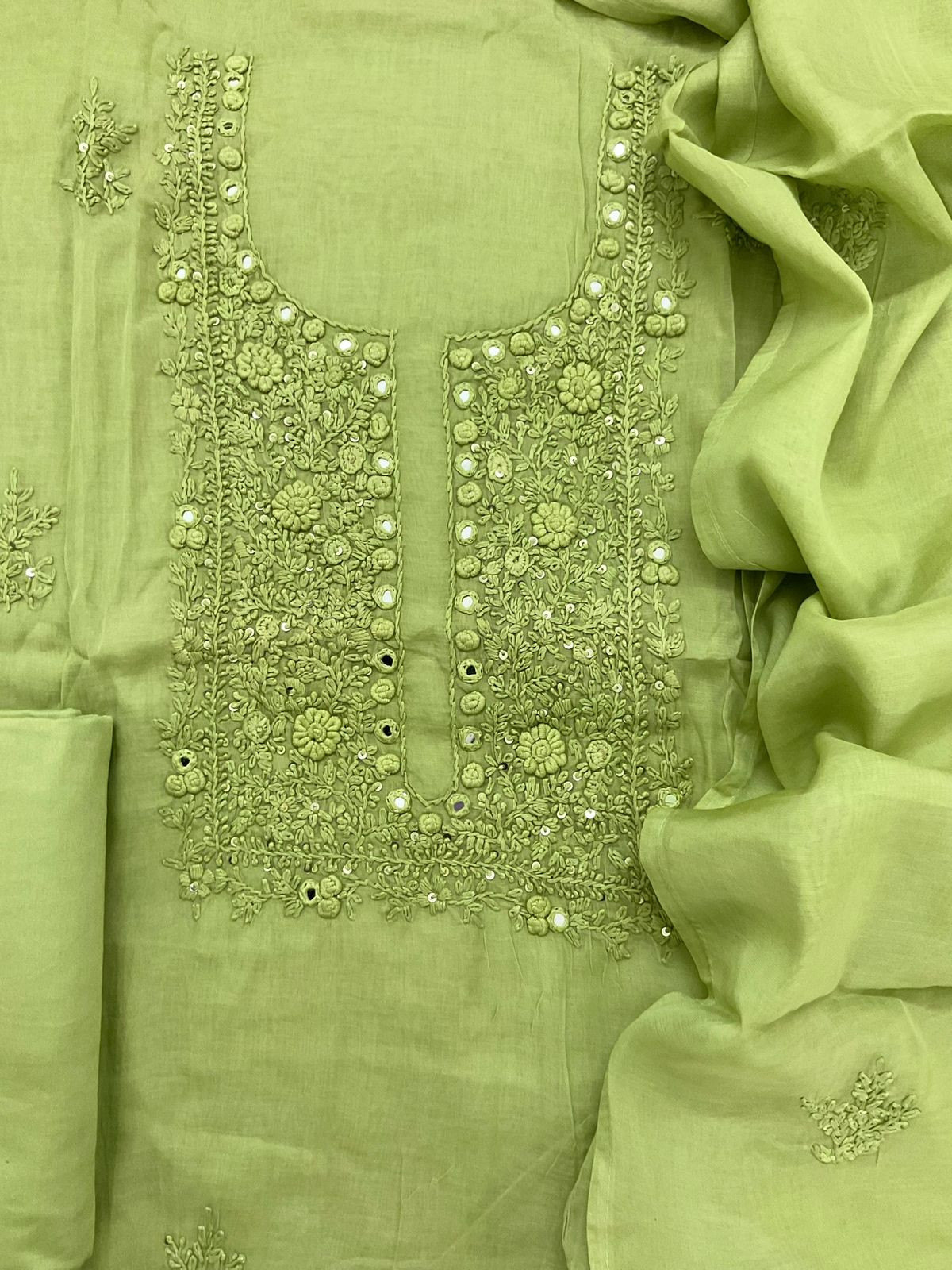 Soft Chanderi Embroidered Suit - Green