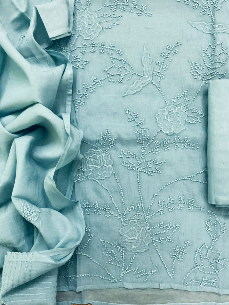 Image of Soft Chanderi Embroidered Suit - Blue