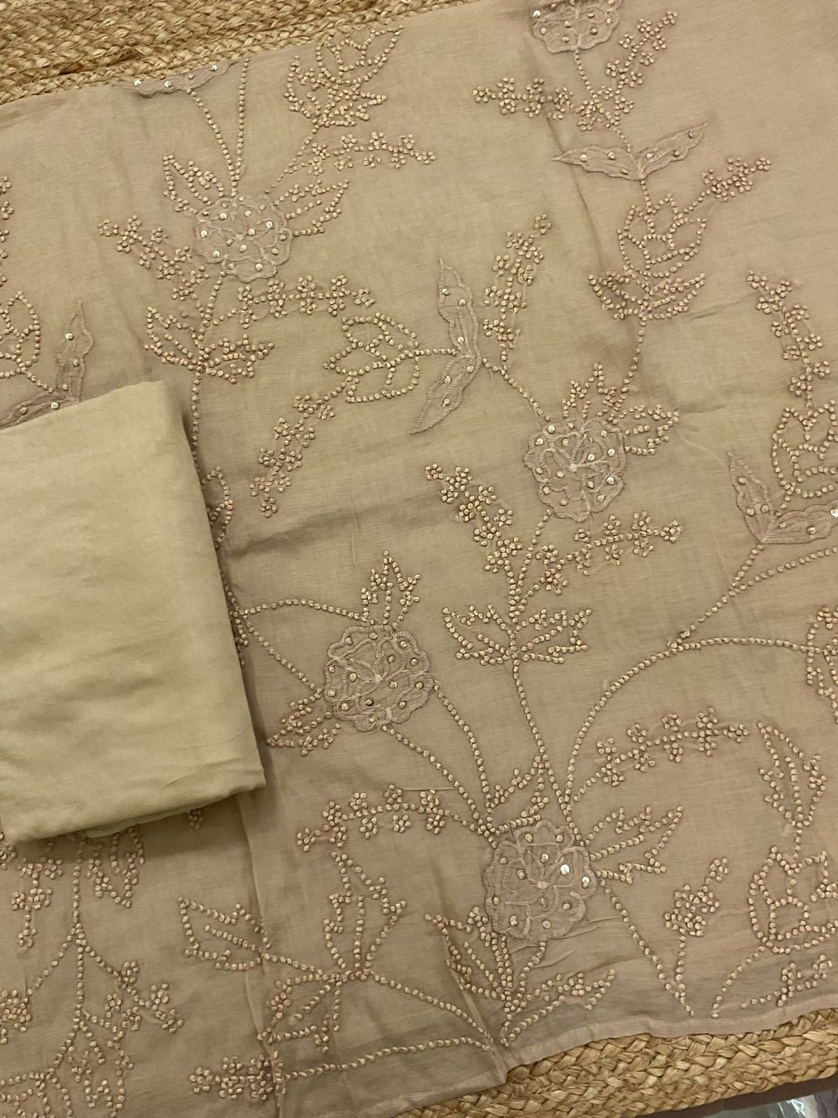 Soft Chanderi Embroidered Suit - Beige