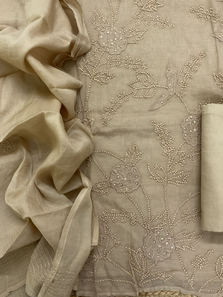Image of Soft Chanderi Embroidered Suit - Beige