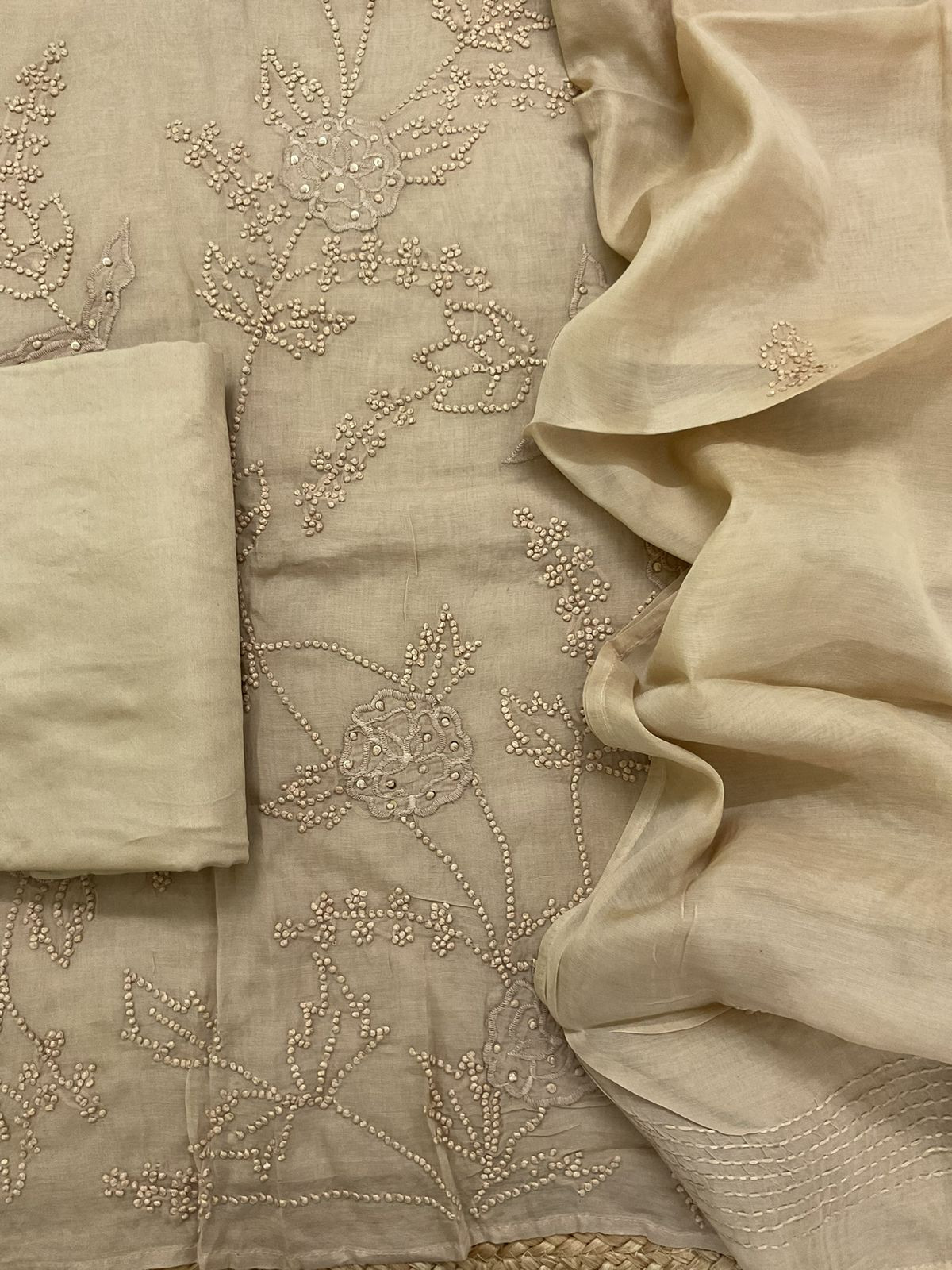 Soft Chanderi Embroidered Suit - Beige