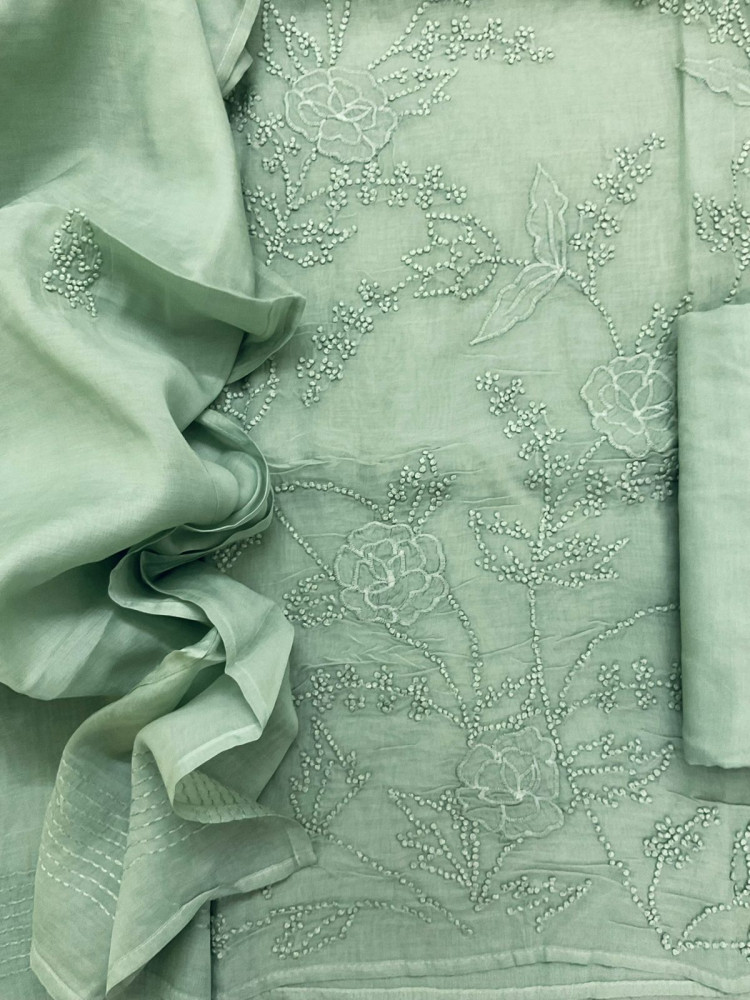 Image of Soft Chanderi Embroidered Suit - Green