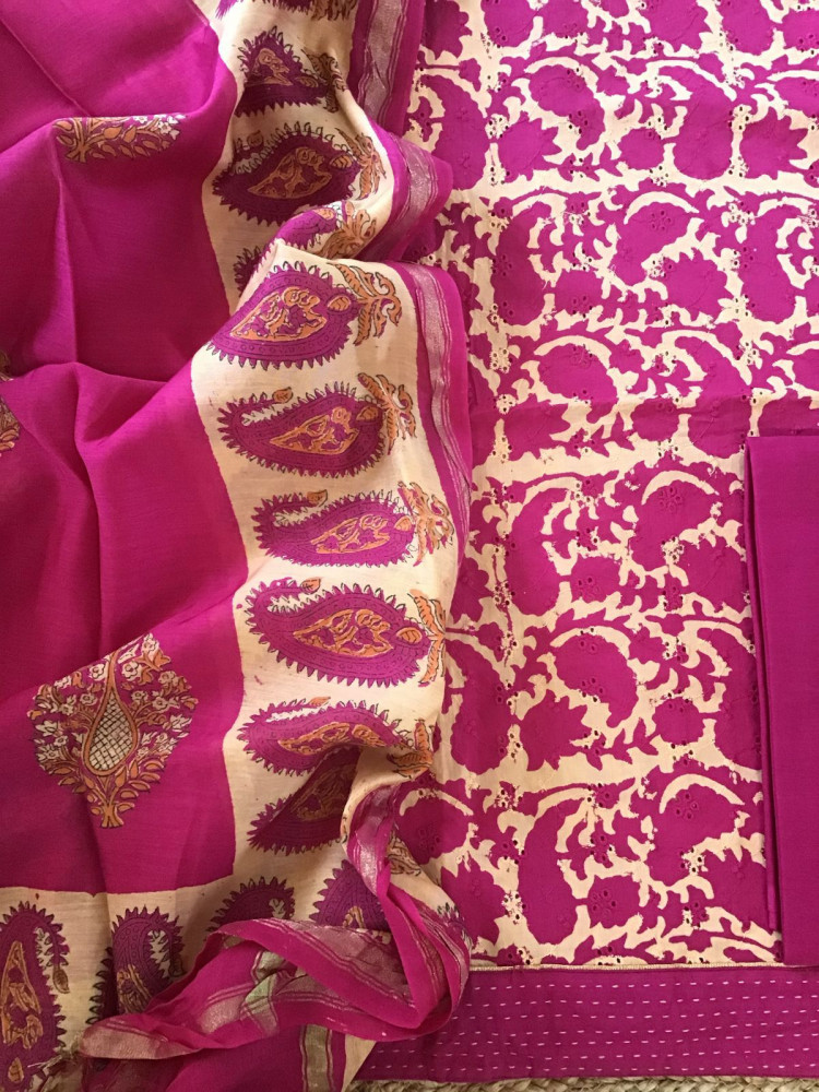 Image of Pure Hakoba Cotton Printed Embroidered Suit - Pink