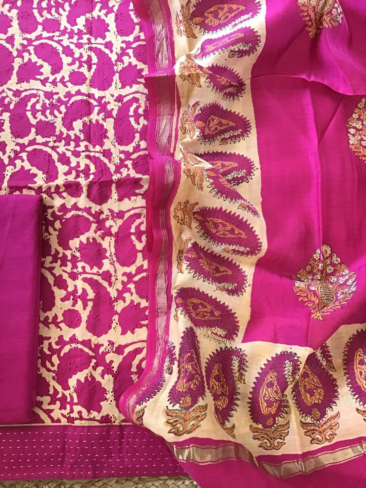 Pure Hakoba Cotton Printed Embroidered Suit - Pink