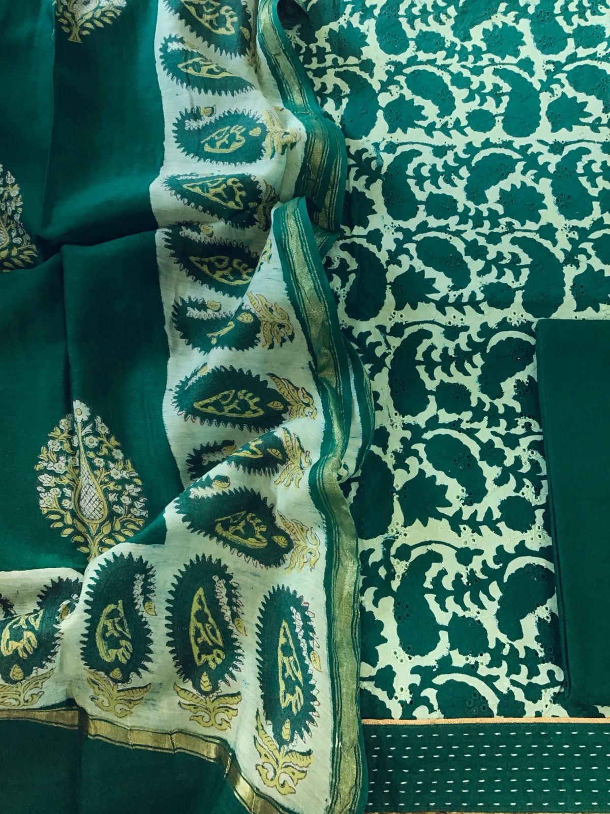 Pure Hakoba Cotton Printed Embroidered Suit - Green