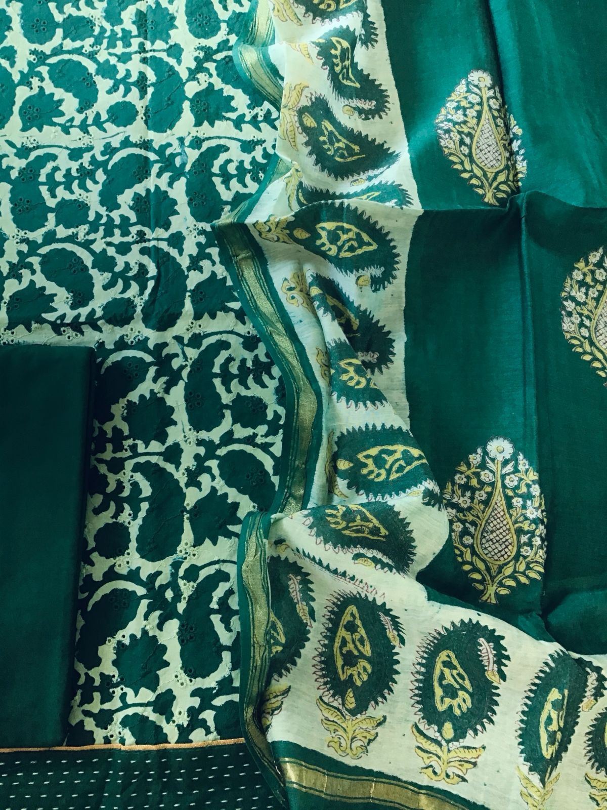 Pure Hakoba Cotton Printed Embroidered Suit - Green