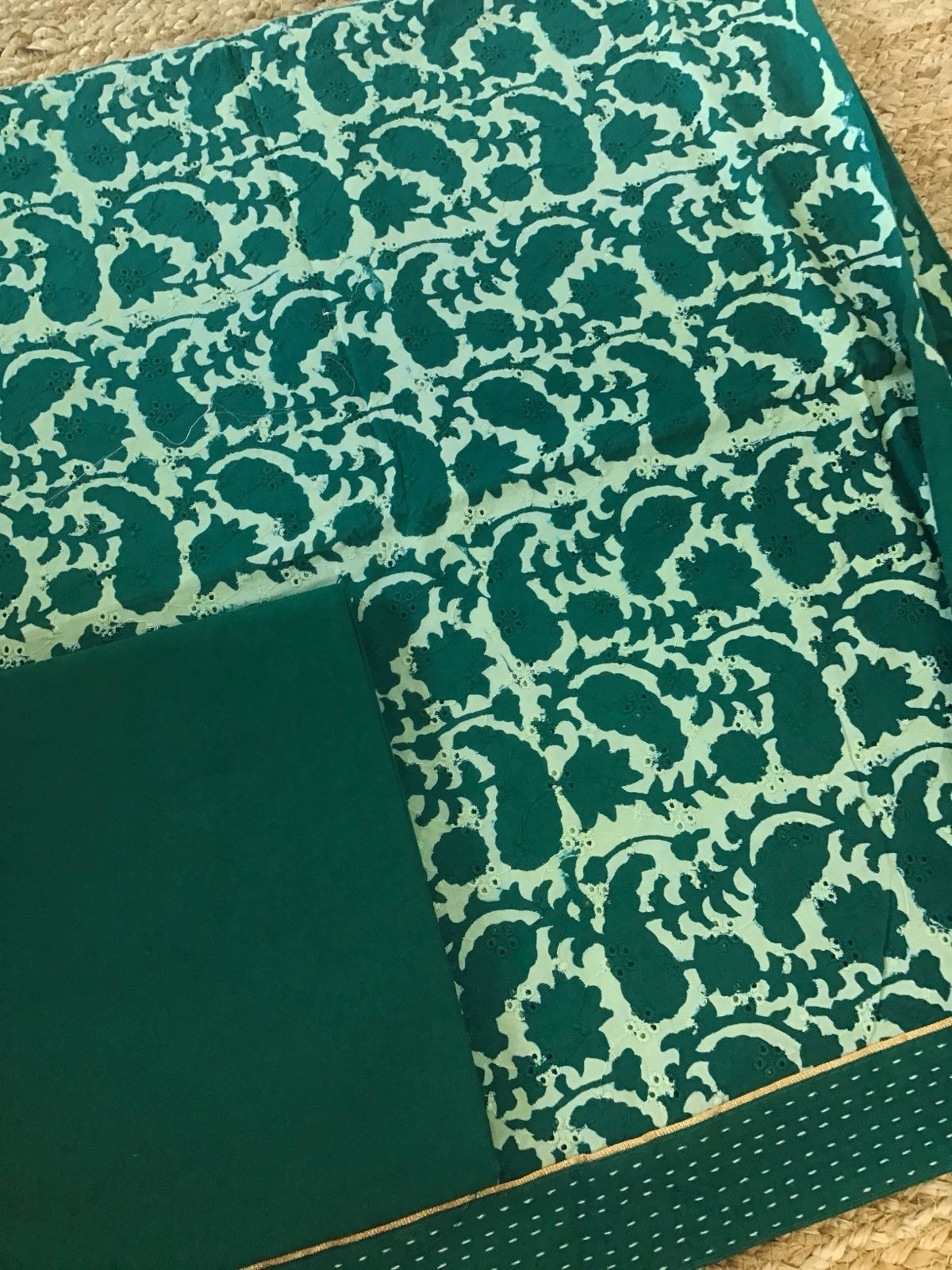 Pure Hakoba Cotton Printed Embroidered Suit - Green