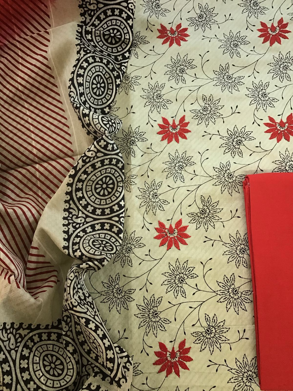 Pure Cotton Self Weaved Printed Embroidered Suit - Beigish Green