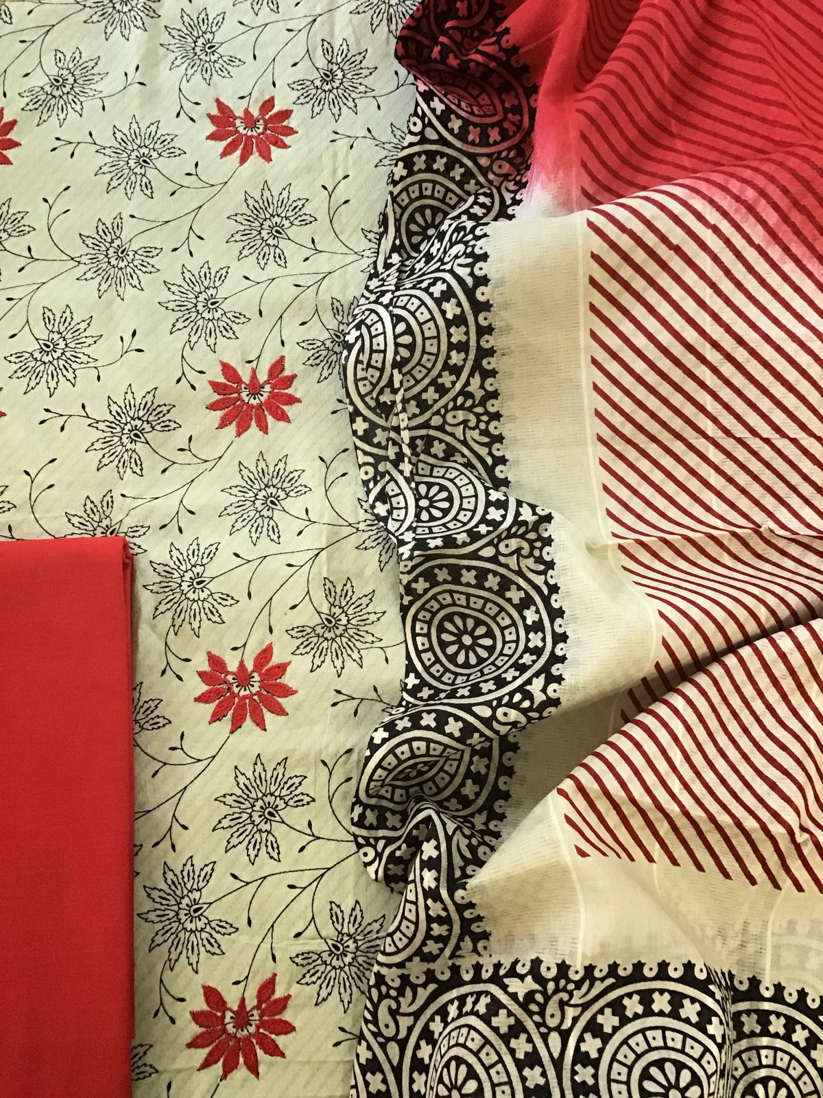 Pure Cotton Self Weaved Printed Embroidered Suit - Beigish Green