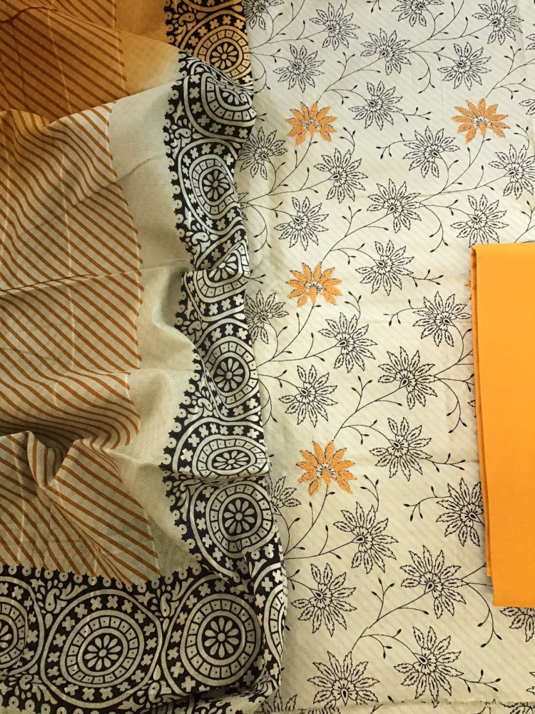 Image of Pure Cotton Self Weaved Printed Embroidered Suit - Beigish Green