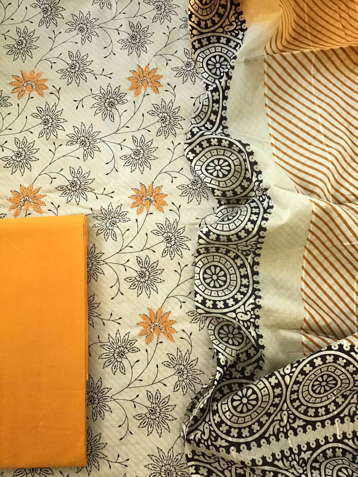 Pure Cotton Self Weaved Printed Embroidered Suit - Beigish Green