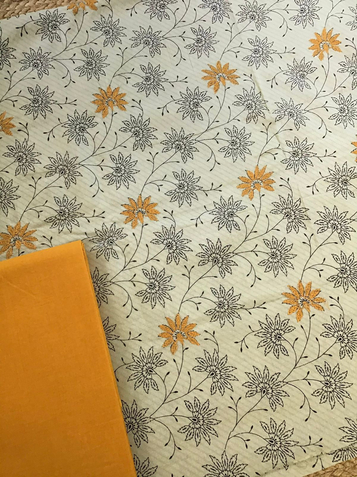 Pure Cotton Self Weaved Printed Embroidered Suit - Beigish Green