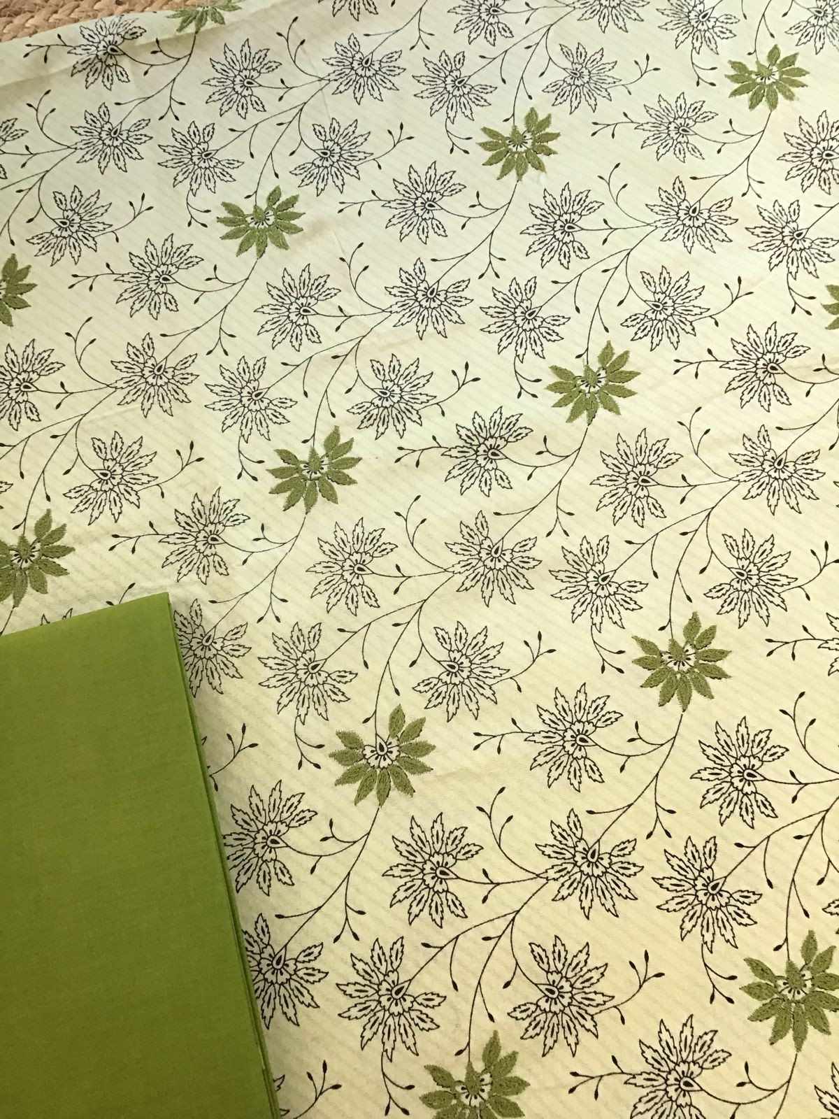 Pure Cotton Self Weaved Printed Embroidered Suit - Beigish Green