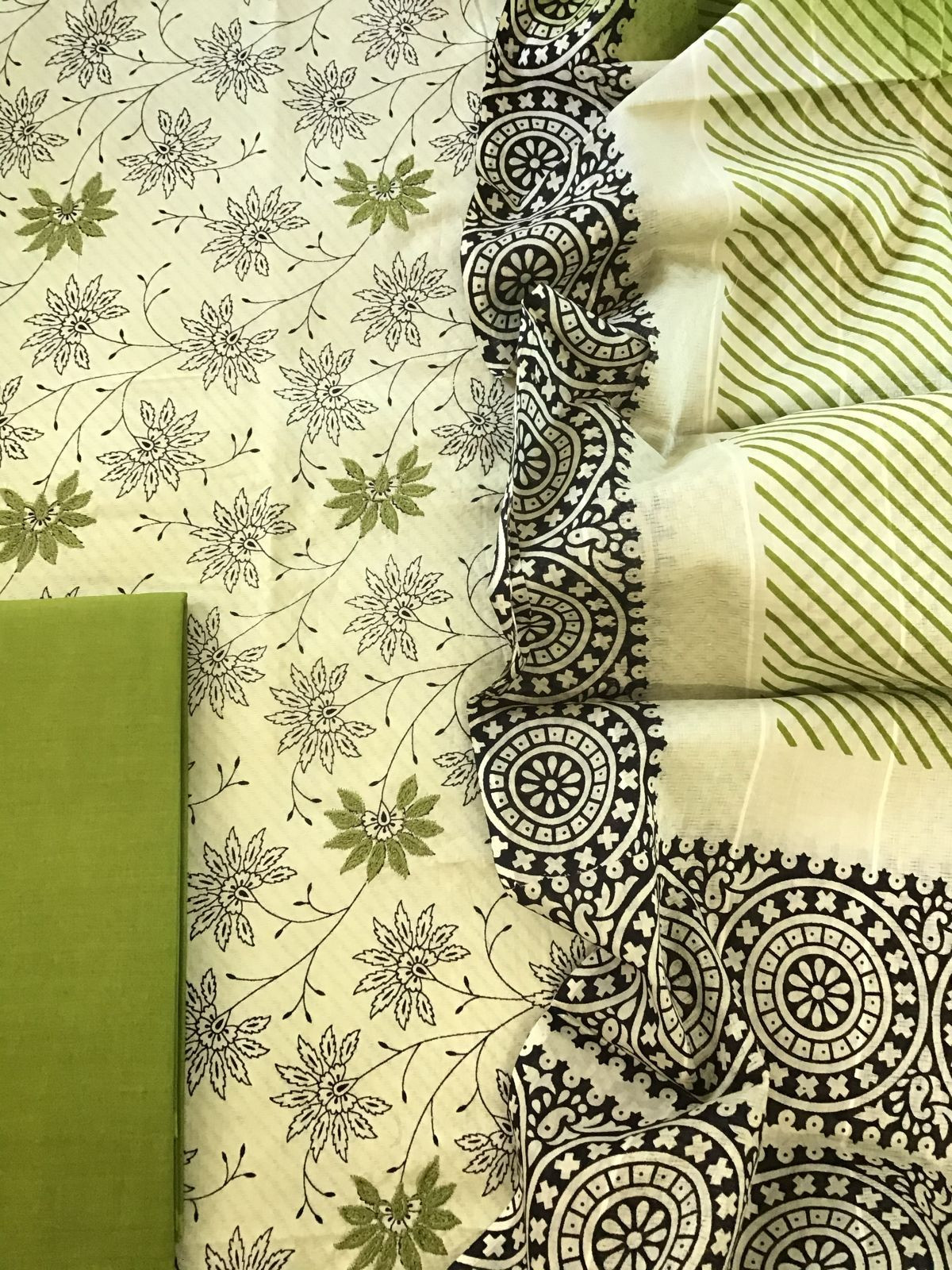 Pure Cotton Self Weaved Printed Embroidered Suit - Beigish Green