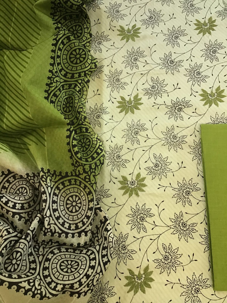 Image of Pure Cotton Self Weaved Printed Embroidered Suit - Beigish Green