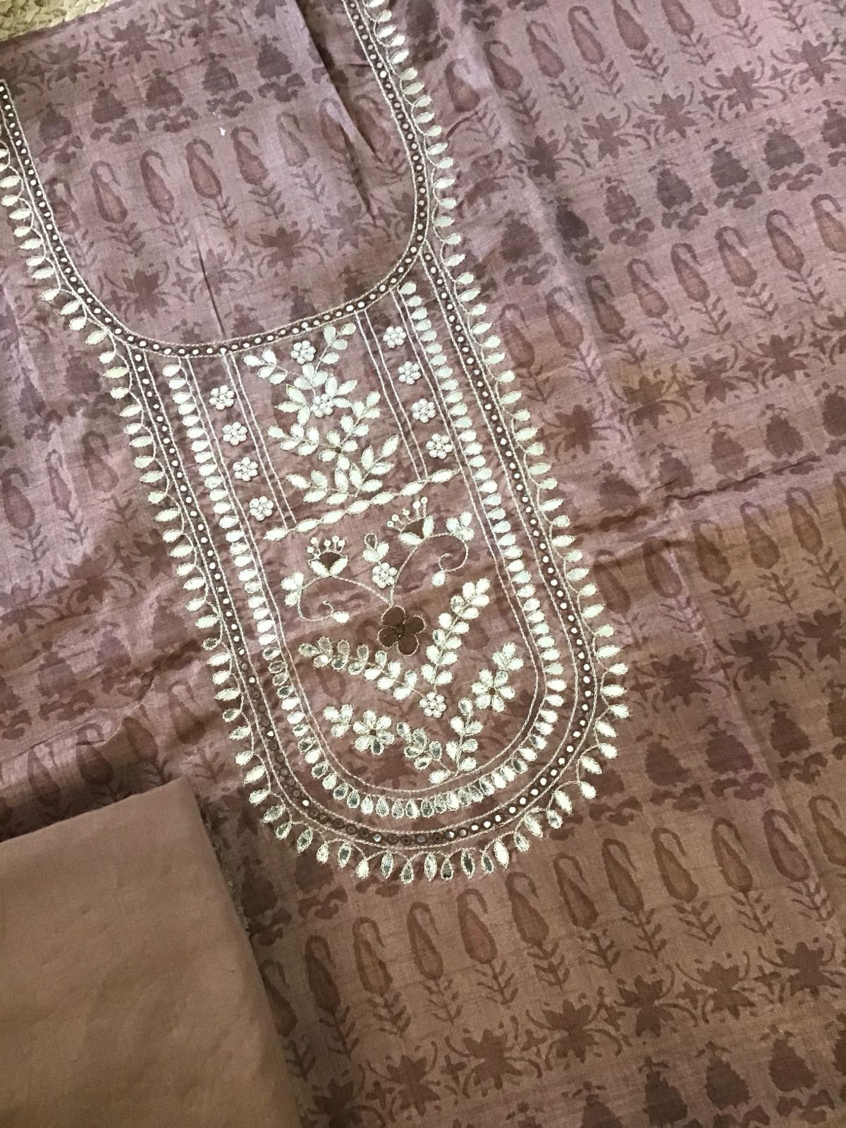 Soft Semi Tussar Printed Embroidered Suit - Brown