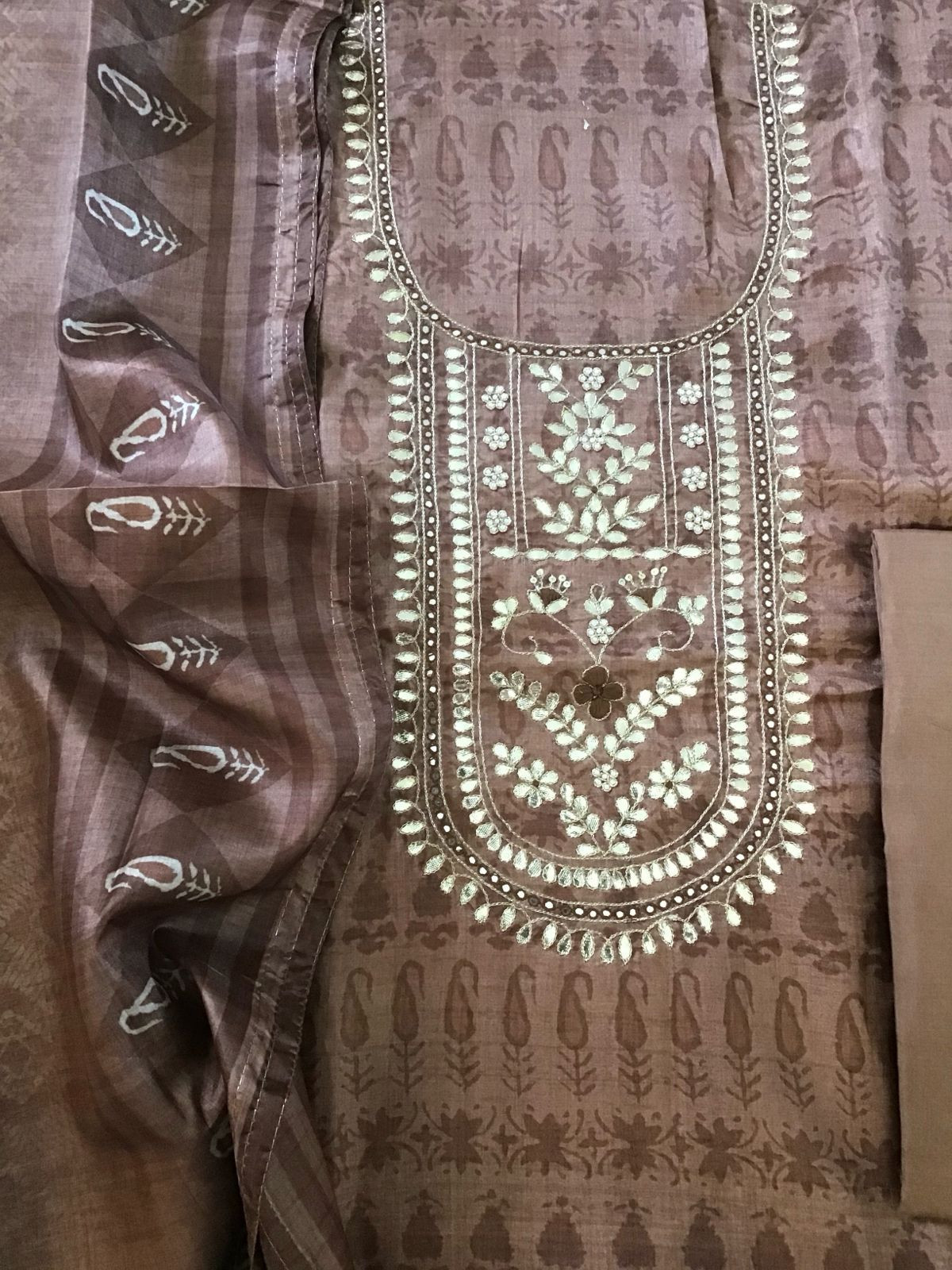 Soft Semi Tussar Printed Embroidered Suit - Brown
