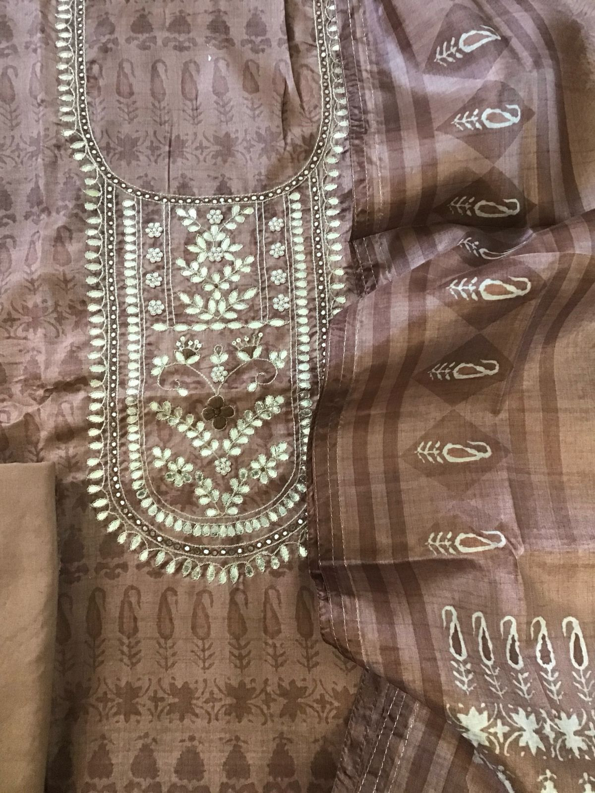Soft Semi Tussar Printed Embroidered Suit - Brown