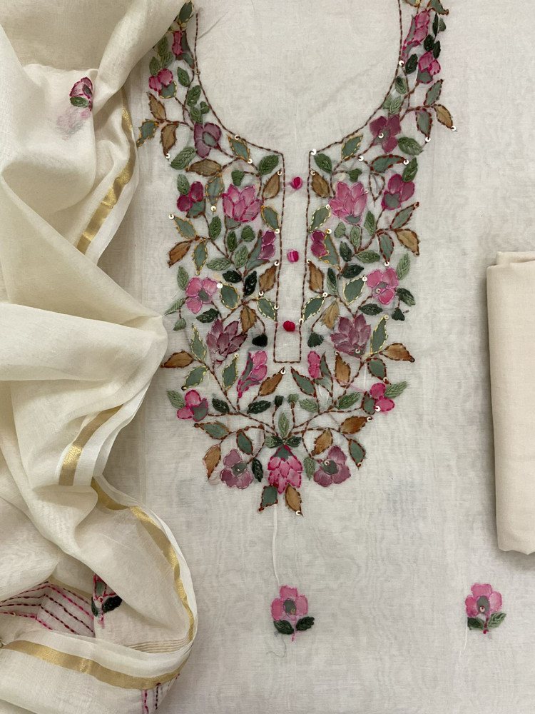 Image of Soft Chanderi Brush Painted Embroidered Suit - Off White