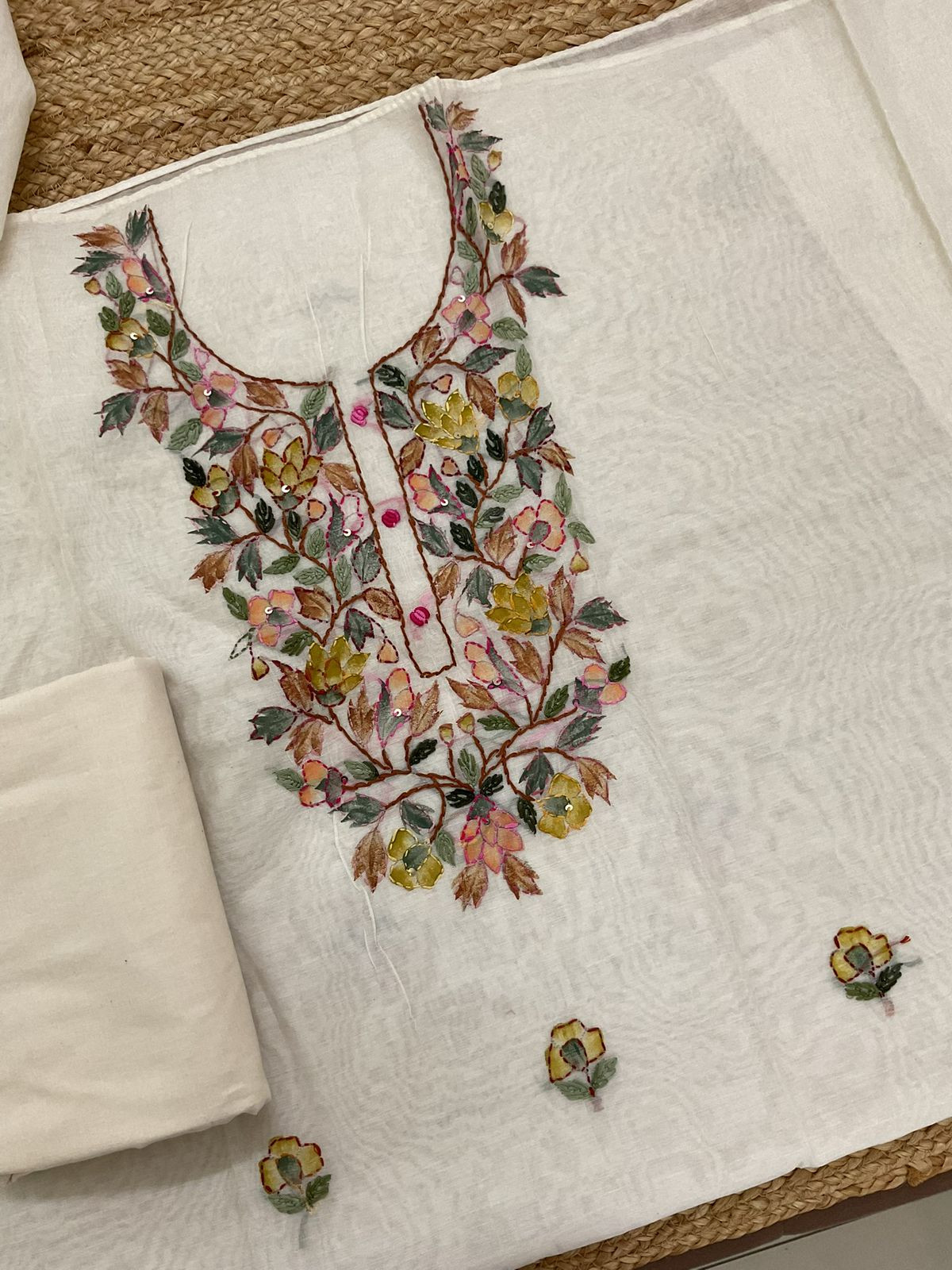 Soft Chanderi Brush Painted Embroidered Suit - Off White