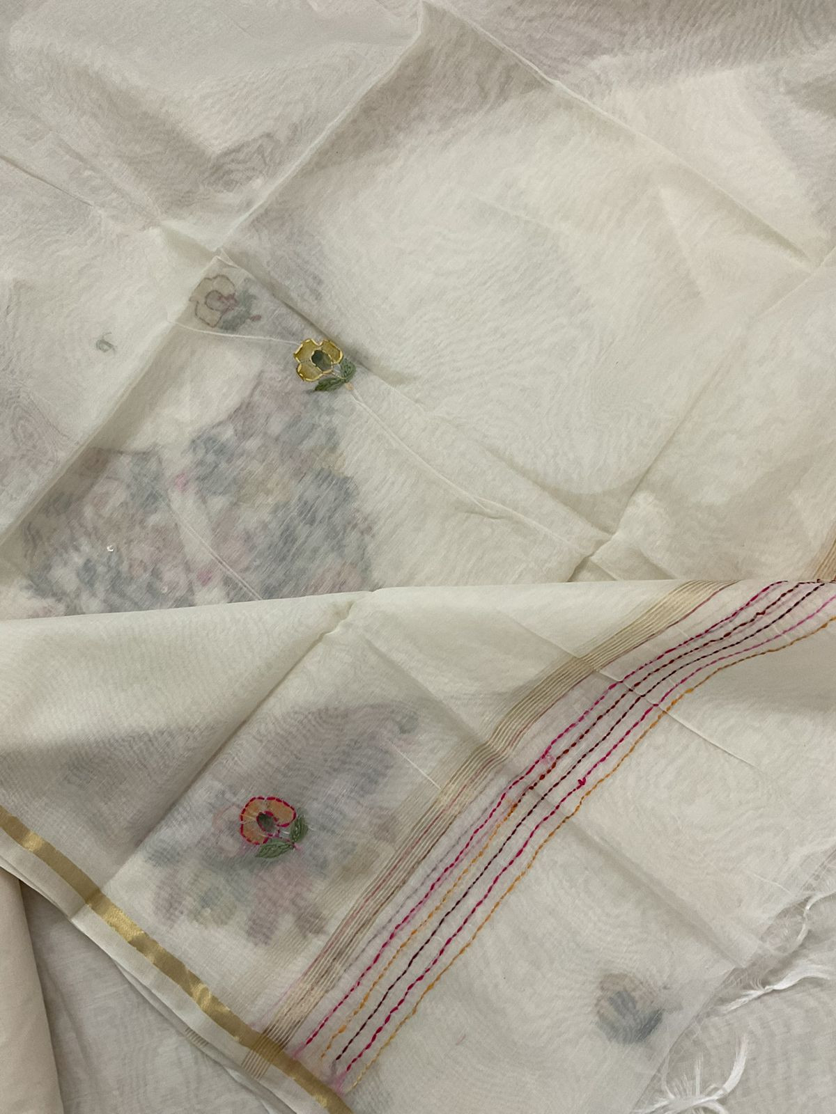 Soft Chanderi Brush Painted Embroidered Suit - Off White